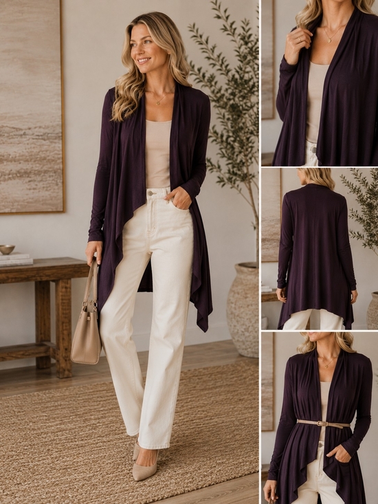 Rilller and Fourth Sweaters - Draped Open-Front Cardigan Sweater - Deep Plum